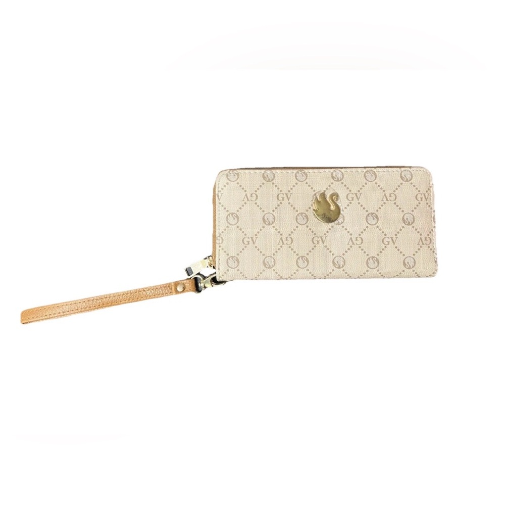 Wristlet Wallet Gloria Vanderbilt Signature Beige Tan Gold Swan Accents Zip 8”